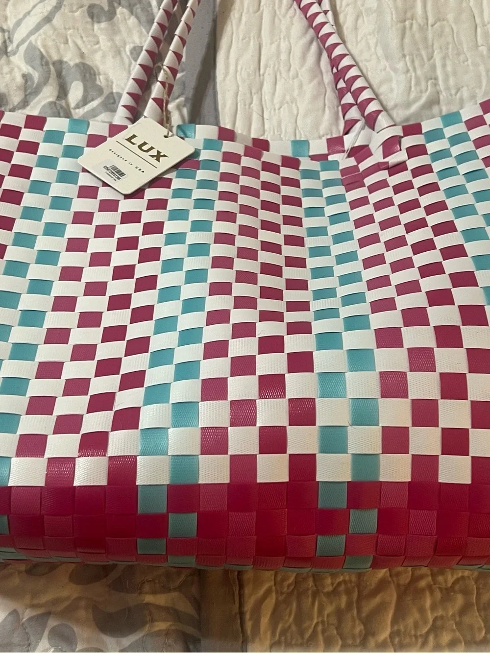 LUX Pink, White & Blue Woven Check Tote